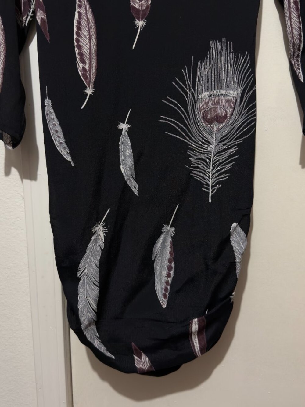 Line & Dot Black Feather Print Surplice Faux Wrap Mini Dress V-Neck - Picture 7 of 16